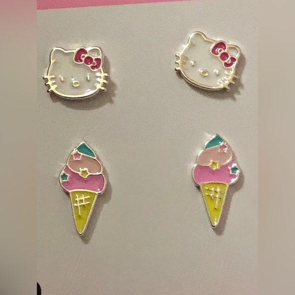 Hello kitty ice cream cone theme silver plated dainty earrings 2 pairs new - Picture 9 of 11